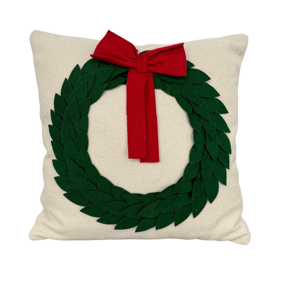 Mud Pie Christmas Wreath Throw Pillow Wool Blend Cream Green Red 16x16